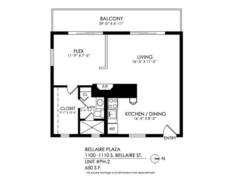 Floor plan for studio, 1 bath, 650 sqft